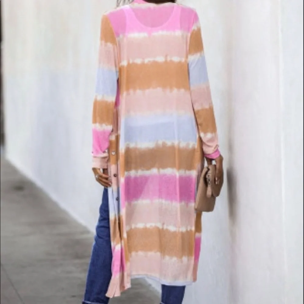 Colorblock Long Pink/Brown Cardigan - Picture 5 of 6